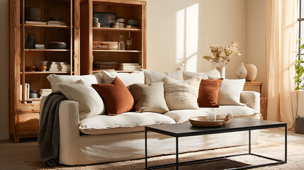 A comfortable living room featuring a white slipcovered sofa adorned with textured pillows and a modern coffee table bathed in warm sunlight.