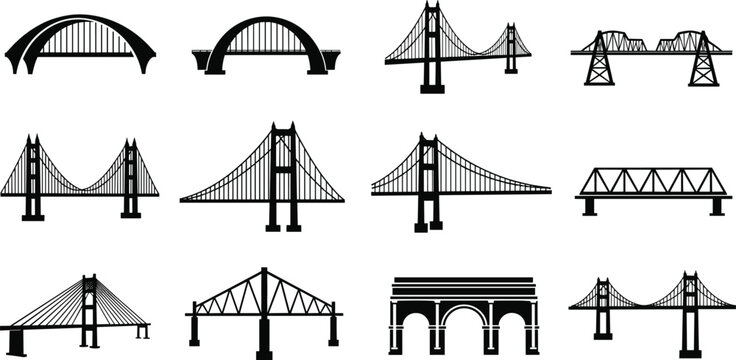 Bridge silhouette vector set with suspension, arch, truss, and cable‑stayed designs plus monumental arch structure in black solid style