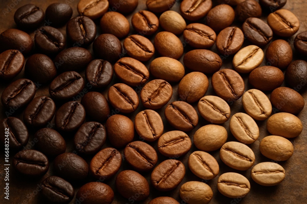 Poster an array of coffee beans in varying shades of brown, meticulously arranged on a textured surface, sh