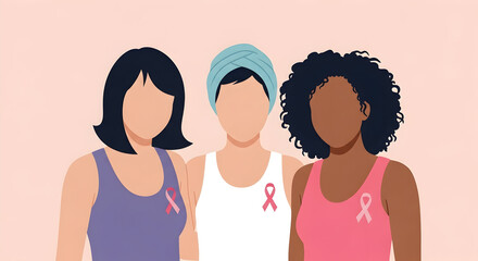 Three diverse women united in support, wearing pink ribbons for breast cancer awareness