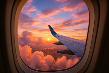 A Sunrise Over Clouds from the Sky Window of an Airplane