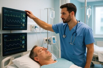 Obraz premium Healthcare professionals monitor a patient's vital signs in a modern hospital setting