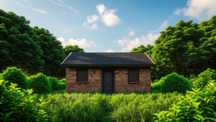 Obraz premium Rustic Brick Cabin in Lush Green Forest. Secluded Forest Cottage with Green Foliage. Peaceful Woodland Cabin Under Blue Sky.
