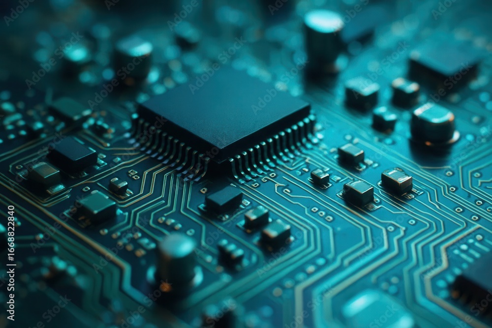 Poster a close-up view of a circuit board, showcasing intricate connections and components that power our d