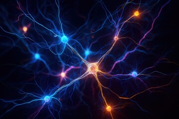 A digital illustration of neural connections radiating outwards against a dark backdrop, symbolizing the complex network of thoughts and ideas