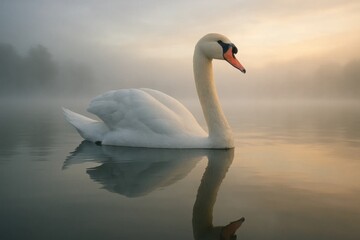 Obraz premium A Swan Glides Across Misty Waters at Dawn