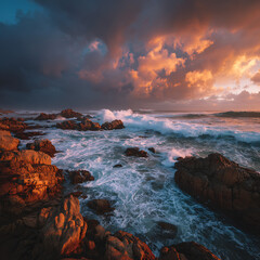 Obraz premium Powerful Ocean Waves Crashing Against Rocks at Sunset