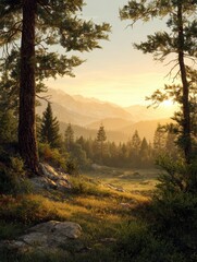 serene pine forest landscape with golden sunlight and distant mountains at dusk