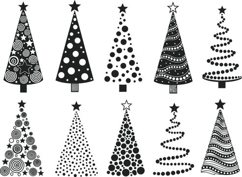 Christmas tree icon. Set of black christmas tree icons on white background. Vector illustration 