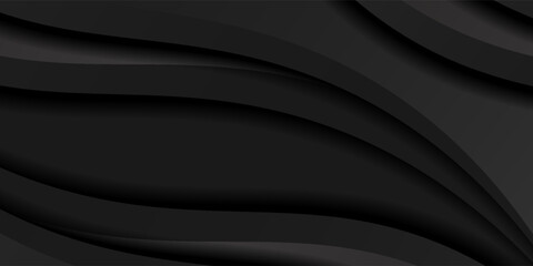 Black abstract background design. Modern wavy line pattern (guilloche curves) in monochrome colors. Premium stripe texture for banner, business backdrop. Dark horizontal vector template