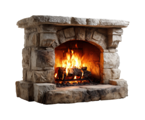 Cozy fireplace setup living room interior design warm environment view isolated on transparent background, png