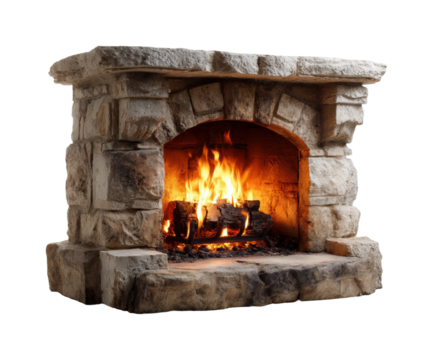 Cozy fireplace setup living room interior design warm environment view isolated on transparent background, png