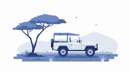 A safari vehicle travels along a road next to tree and mountains. The safari vehicle is off-road ready
