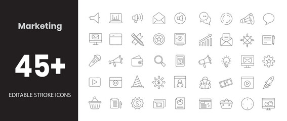 Marketing icon set. Containing megaphone, SEO, content strategy, email campaign, analytics, customer targeting, brand awareness, and more. Editable line icons. Vector illustration