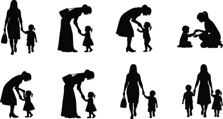 Mother and child silhouettes, walking and talking poses, family relationship vector, parent and kid icons, caring moments illustration, black and white set
