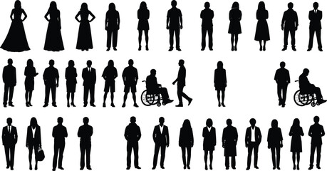 Diverse human silhouettes collection, standing and seated figures, male and female forms, business and casual attire, inclusive people vector illustration set