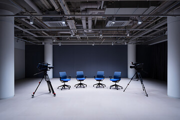Setting Up a Professional Interview Studio with Four Chairs and Two Cameras on Tripods Ready for Recording