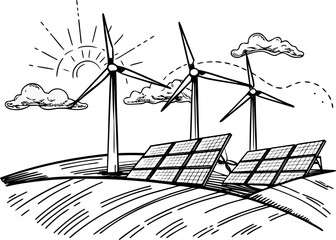 3d wind turbines and solar panels in fields sketch eps
