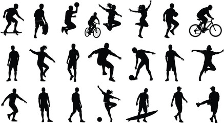 Active people silhouettes set, sports and leisure activities vector, dynamic human poses, athletic movement icons, black and white lifestyle illustration design