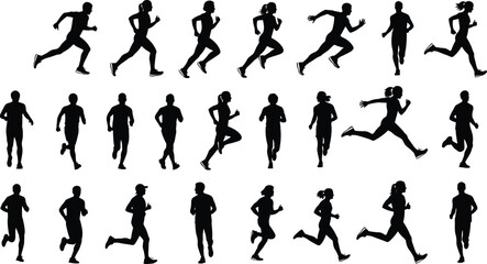 Running silhouettes, male and female joggers, athletic motion poses, sports training vector, dynamic stride illustration, fitness exercise icons, black and white set