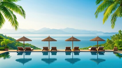 Luxury Infinity Pool Overlooking Tropical Bay. Turquoise Pool and Lounge Chairs with Ocean View. Vacation Paradise with Palm Trees and Mountains.