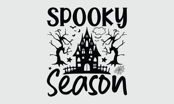 Spooky season- Creative Halloween lettering for t-shirt design, isolated on white, hand-drawn calligraphy typography for festive and spooky apparel prints.