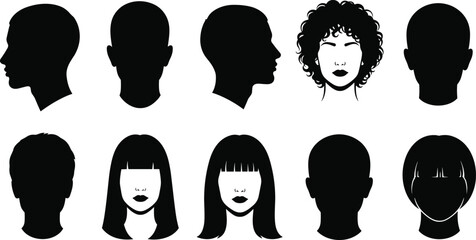 Human head silhouettes, male and female faces, profile and frontal views, various hairstyles, vector illustration, black and white style, minimalist portrait design, stock art