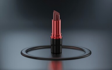 High-Gloss Lipstick Tube in Deep Red on Black Matte Surface with Focused Spotlight