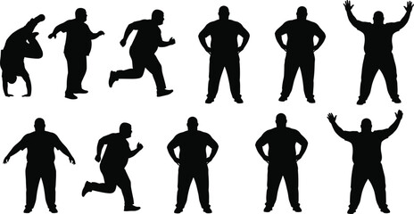 Human silhouette poses, dynamic actions, standing, running, jumping, bending, raising arms, vector illustration, black and white style, minimalist posture design, stock art