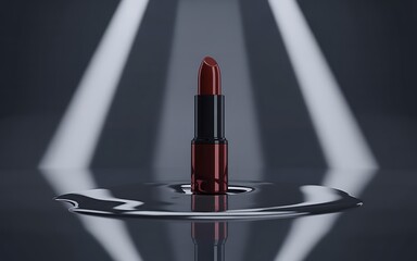 High-Gloss Lipstick Tube in Deep Red on Black Matte Surface with Focused Spotlight