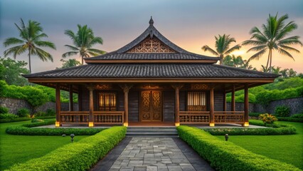Traditional Balinese Pavilion at Twilight. Intricately Carved Wooden Pavilion with Palm Trees. Illuminated Balinese Bale on Stone Pathway.