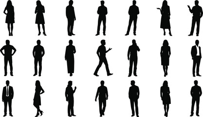 Professional people silhouettes, various poses, business attire, dresses, casual clothing, standing and gesturing, vector illustration, black and white style, minimalist character design, stock art