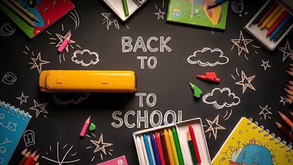 Back to School Concept with Yellow School Bus Chalkboard Background with Pencils Art Supplies Arranged in Colorful Geometric Composition - Powered by Adobe