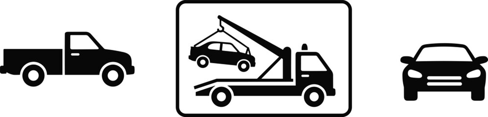 Pickup truck icon, tow truck lifting car, front view car icon, black and white vehicle silhouettes, transportation service symbols, vector illustration, automotive design