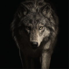 wolf, close-up, alert expression, detailed fur, focused on face and shoulders, dramatic high-contrast lighting, cinematic wild animal portrait.