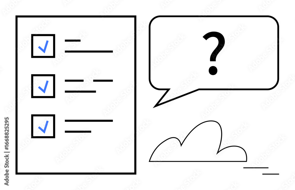 Aufkleber checklist with tasks marked complete, speech bubble with question mark, cloud below. ideal for decis