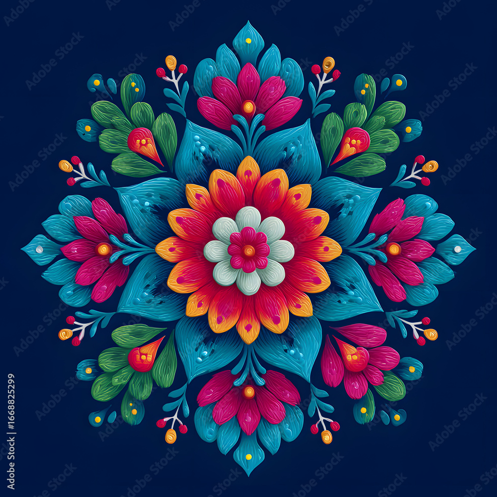 Poster design a bold, vector rangoli flower pattern with thck strokes. create a vibrat, symmetrical design 