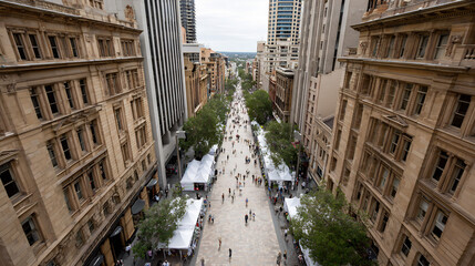 Overhead View of a Bustling City Pedestrian Mall Lined with Historic and Modern Urban Architecture