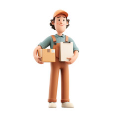 Cheerful Delivery Worker Holding Packages and Clipboard in Pastel 3D Style with Glossy Finish