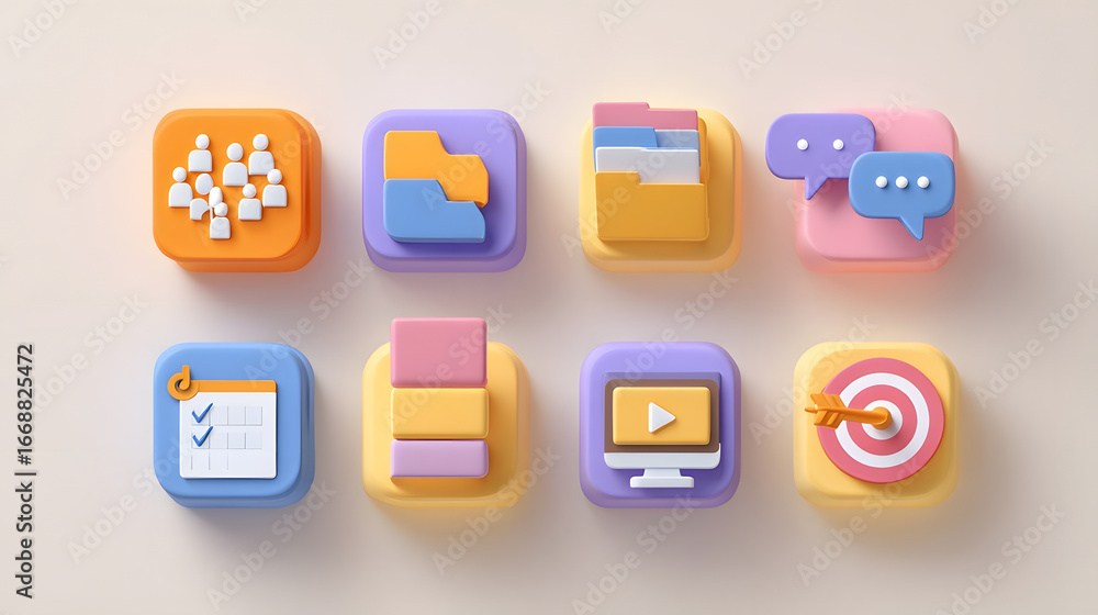 Poster a collection of eight vibrant, rounded square app icons with a subtle 3d effect and soft gradient co