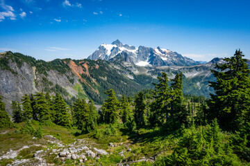 Fototapeta premium Mount Shuksan from Picture Lake near Mount Baker and North Cascades National Park