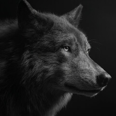wolf, close-up, alert expression, detailed fur, focused on face and shoulders, dramatic high-contrast lighting, cinematic wild animal portrait.
