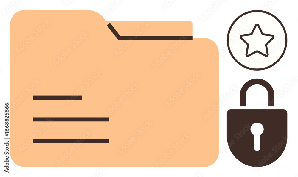 Aufkleber file folder with tab, lock icon for security, and a star in a circle for rating or priority highligh