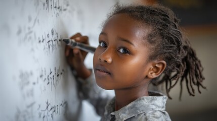 portrait of african girl writing solution of sums on white board at school black schoolgirl solving addition sum on white board with marker pen school child thinking while doing mathematics problem n