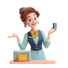 Charming 3D Hotel Receptionist Offering Key Card in Pastel Colors, Perfect for Hospitality and Travel Themes