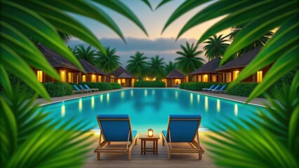 Fototapeta premium Tropical Resort at Dusk through Heart-Shaped Palms. Twilight Swimming Pool with Glowing Lantern Lights. Romantic Poolside Lounge Chairs at Resort.