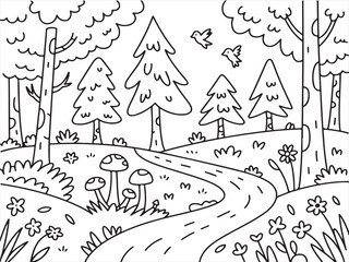 Obraz premium Peaceful Woodland Walk with Mushrooms, Flowers, and Birds in Flight