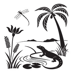 Ancient egyptian nile river scene with crocodile and lotus flower