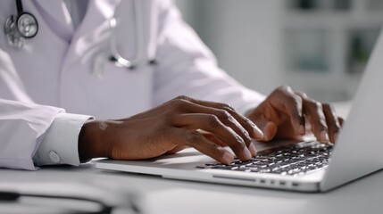 african american doctor wear white coat typing using laptop computer mock up white screen browsing internet sitting at work desk healthcare medical e health website technology concept close up view n