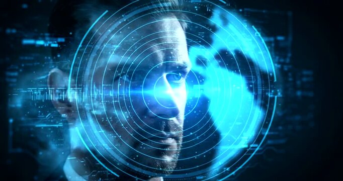 Futuristic portrait with digital interface and analytics - Powered by Adobe